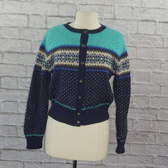 Vintage 90s Fair Isle Wool Knit Cardigan Sweater - Picture 1 of 6